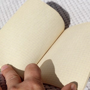 May include: A blank, gridded notebook with a green cover is open and lying on a white crocheted surface. A hand is reaching towards the open pages.