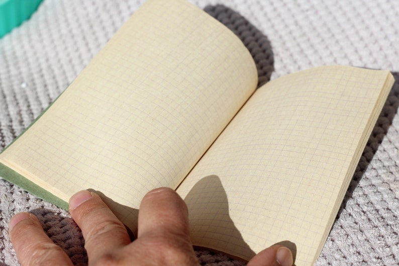 May include: A blank, gridded notebook with a green cover is open and lying on a white crocheted surface. A hand is reaching towards the open pages.