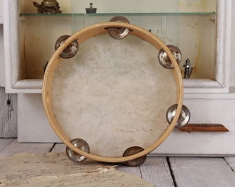 Wooden tambourine, Leather noise maker, Vintage tambourine, Toy tambourine, Gypsy musical instrument, Antique tambourine, Goat skin head
