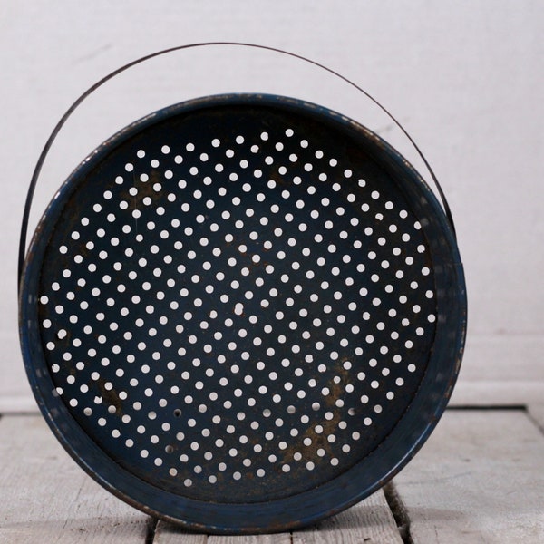 Vintage metal sieve, Sieve in basket shape, Small children toy sieve