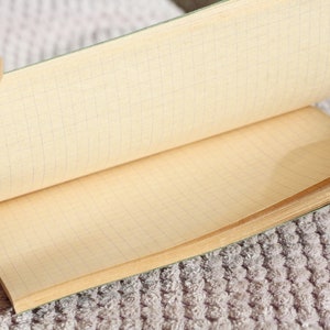 May include: An open, blank, green-covered notebook with gridded pages. The notebook is lying open on a fuzzy, gray surface.