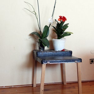 May include: A black wooden table with two shelves, holding two potted plants. The top shelf has a white orchid plant with white flowers. The bottom shelf has a red flowering plant in a white pot.