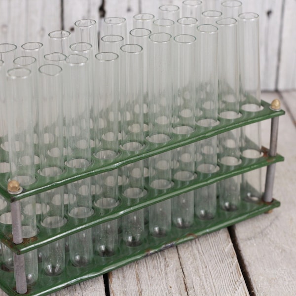 Enameled Test Tube Holder with 30 Glass Test Tubes, Vintage circa 1940s Science Experiment, Chemistry