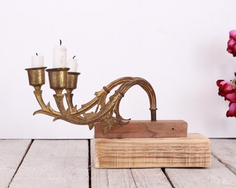 Vintage Brass Candle Holder, Wooden Base, Three Candles Holder, Leaf Shape