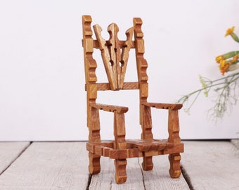 Vintage Handmade Small Wooden Doll Chair, Scandinavian Design, Clothespins Chair Made Miniature