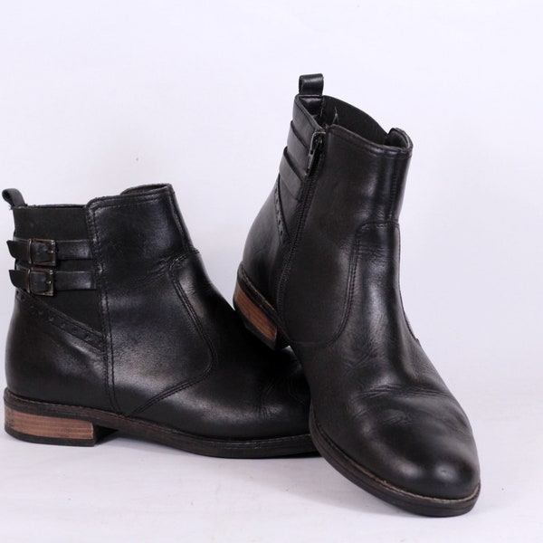 Vintage Lady's Leather Flat Boots, Ankle Boots, Leather Riding Boots, Black Women's Boots, Size EU-40 US-9 UK-6.5