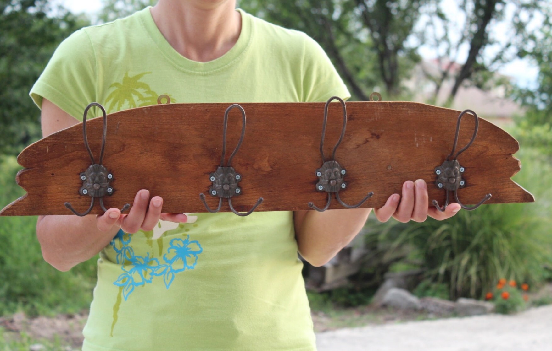 Antique Wall Hanger Wood Base Hanger and Metal Hooks Etsy