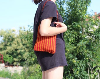 Vintage Shoulder Bag Woollen Handmade Bag Folk Shepherd's Bag 19th Century Wool Messenger Bag Coloured Red / Yellow Bag