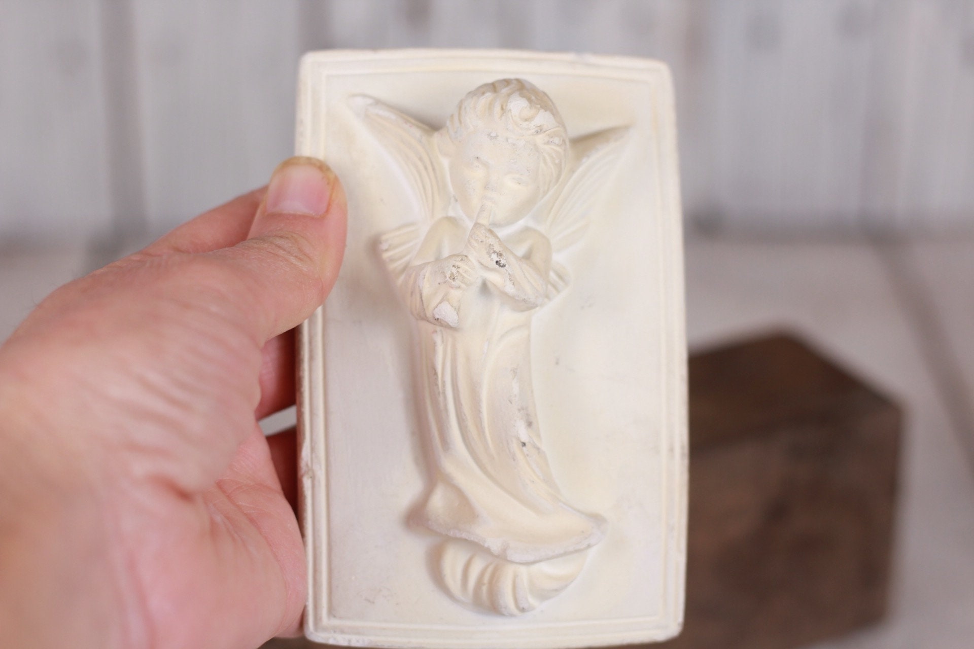 Vintage Plaster Figurine Angel Wall Hanging Plate Christian Religion Christian Sculpture White Angel
