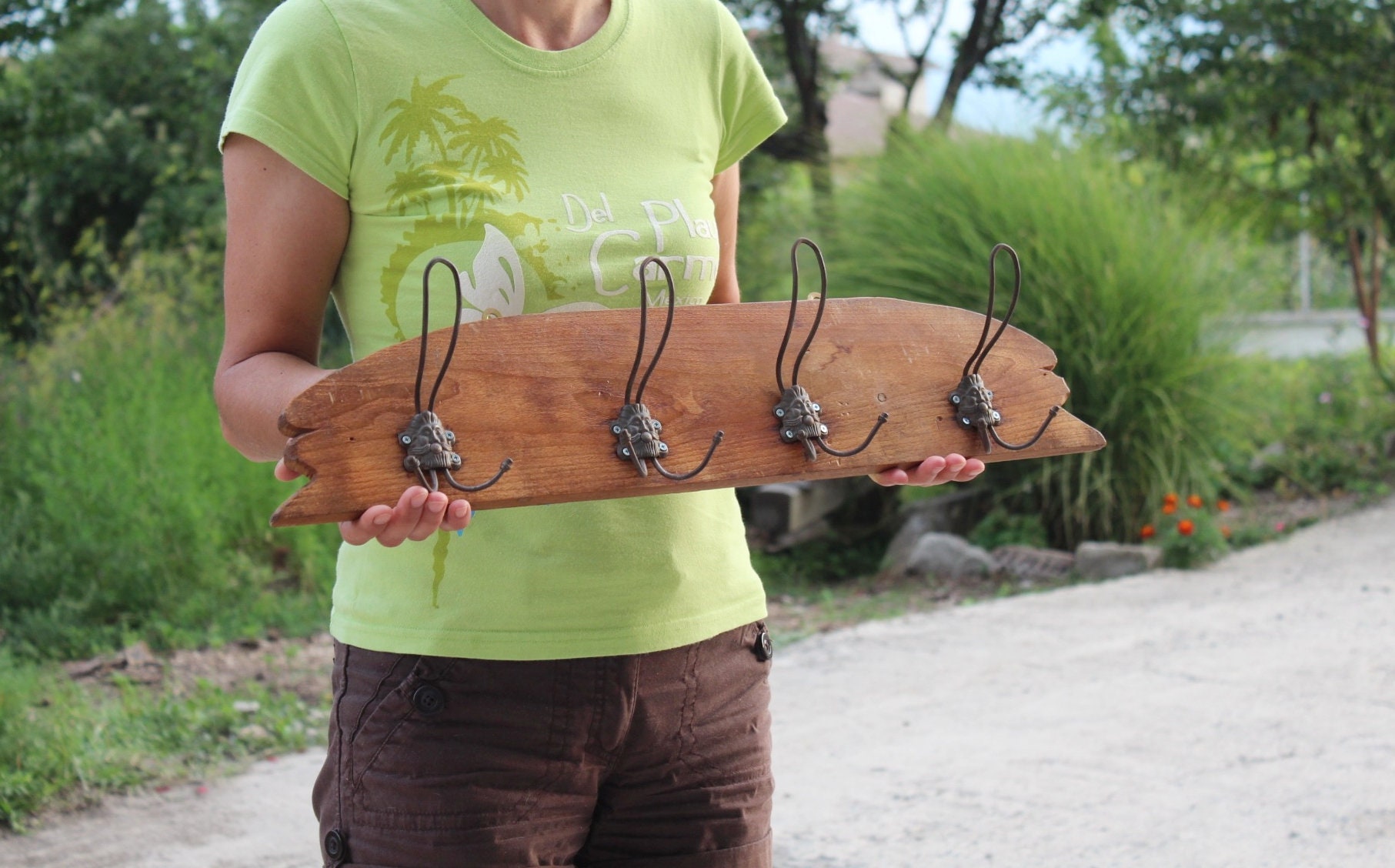 Antique Wall Hanger Wood Base Hanger and Metal Hooks Etsy