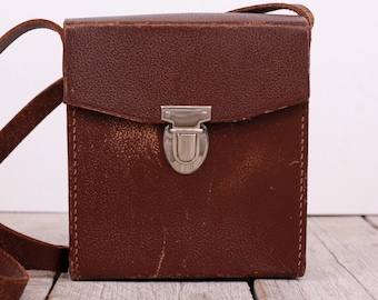 Vintage Small Brown Camera or Radio Leather Case Travel Case with Adjustable Length Strap Shoulder Case