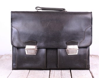 Vintage Briefcase Faux Leather Business Bag Black Leather Handle Bag Old School Bag Travel Bag Hipster Bag Student School Bag