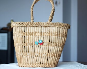 Cesta de palha trançada feita à mão, década de 1930: Bolsa de verão antiga