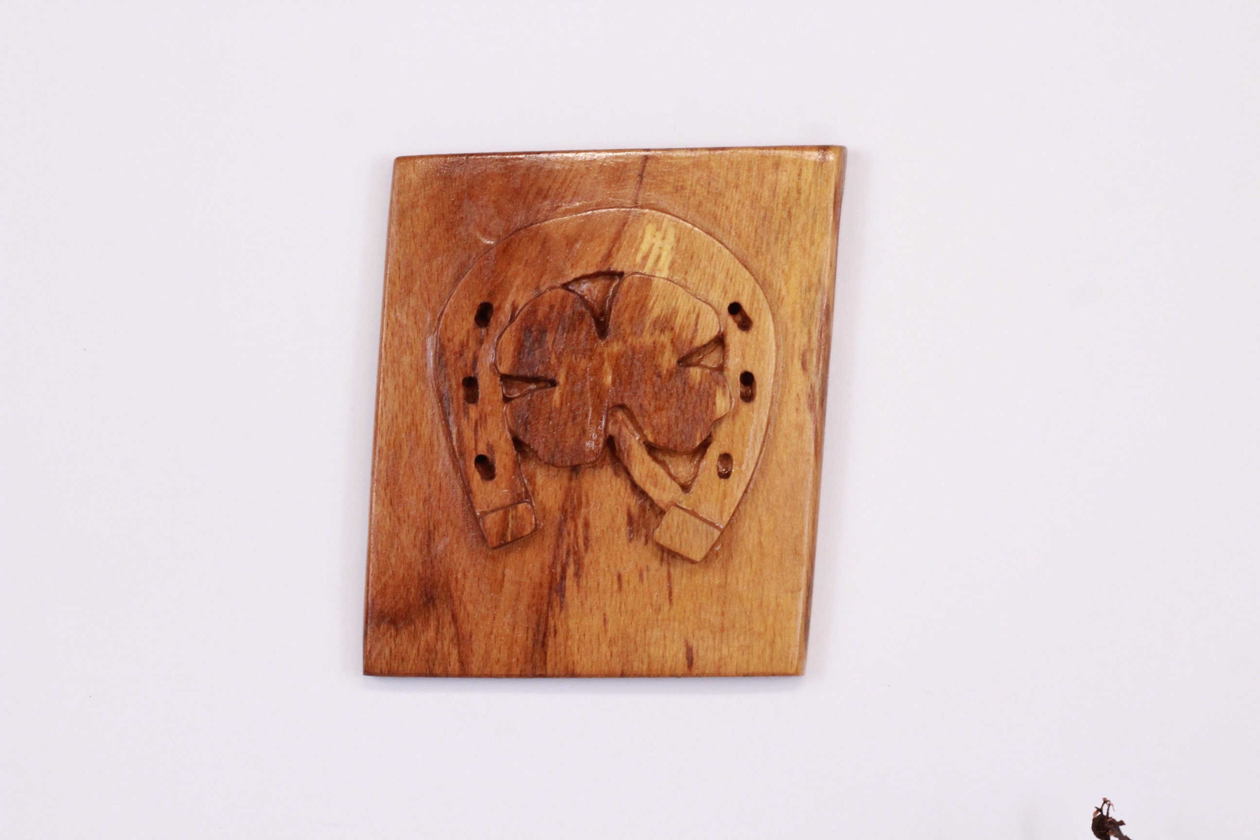Vintage Embossed Wooden Lucky Sign Art Wall Hanging Horseshoe and Four-Leaf Clover