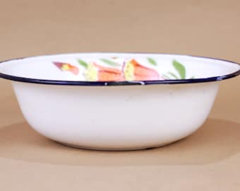 Weißes Vintage Emaille-Becken: Antike ländliche Emaille-Geschirr