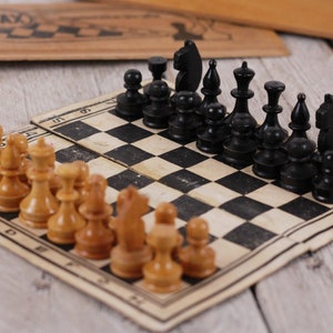 Vintage Wooden Chess Set: 70s Travel Game with Folding Paper Board