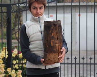 Antique Nut Tree Wooden Mortar with Metal Ring - Primitive Decor