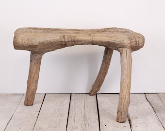 Antique Three-Legged Chair Primitive Rustic Stool One Piece Wood Tripod Table