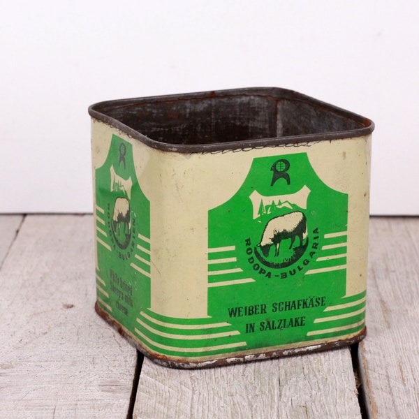 Vintage Cheese Tin Box Bulgarian Cheese Container Shabby Metal Storage