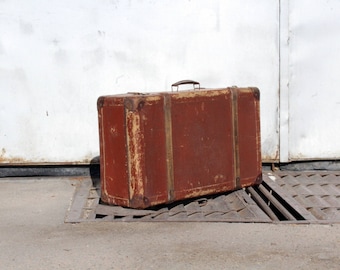Antique Red Suitcase: 1930s Distressed Travel Luggage