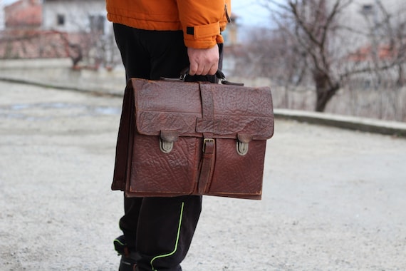 Vintage briefcase Leather business bag Brown top h