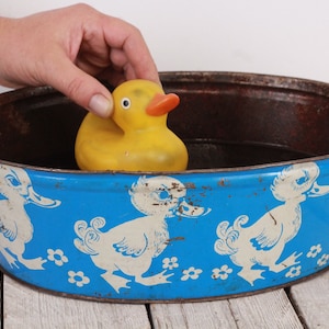 Vintage Small Basin Toy with Handles and Ducks Pictures, USSR Old Toy