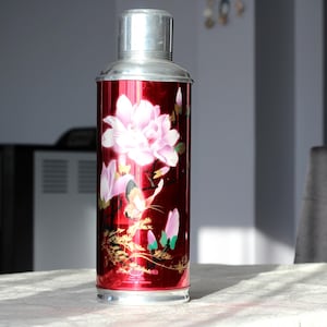 Thermos floreale vintage: borraccia da viaggio cinese anni &#39;70