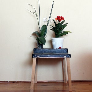 May include: Two potted plants on a black wooden table with three legs. The plant on the left has white flowers and green leaves. The plant on the right has red flowers and green leaves. The table is on a wooden floor.