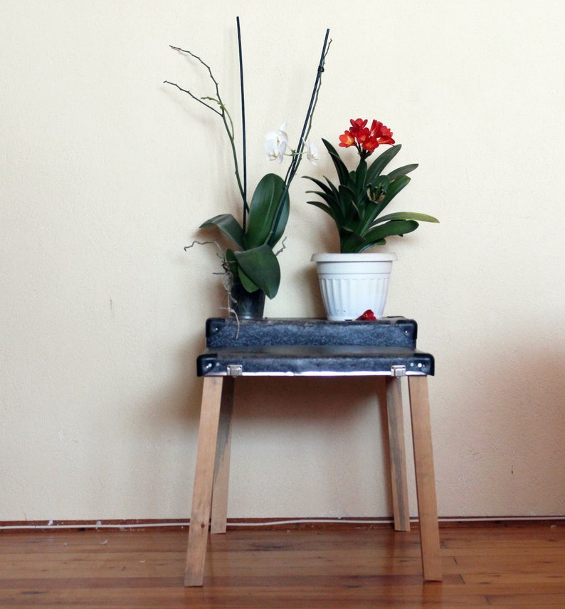 May include: Two potted plants on a black wooden table with three legs. The plant on the left has white flowers and green leaves. The plant on the right has red flowers and green leaves. The table is on a wooden floor.