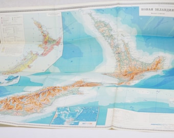 Vintage New Zealand Geographical Folding Map, Vintage 1979 Printed in USSR