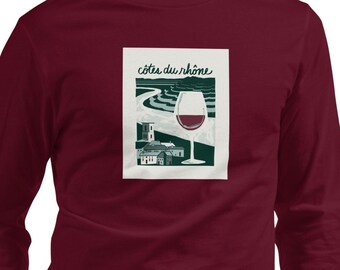 Camiseta Côtes du Rhone: Bella + Canvas unisex, cuello redondo, manga larga, color vino tinto francés