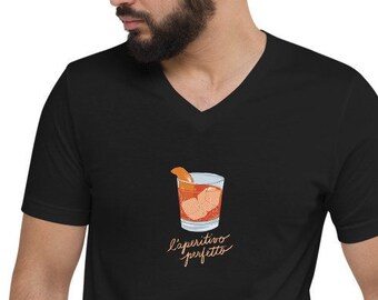 Camiseta Negroni "L'aperitivo Perfetto" Bella+Canvas Negro V-Cuello Manga Corta Unisex Italiano Cocktail Bar Camisa