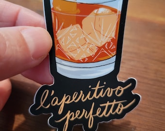 Calcomanía de Negroni: "L'aperitivo Perfetto" (vinilo troquelado, 5 x 7,6 cm) para botella de agua, portátil y diario.