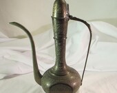 Brass Dallah, Vintage Exotic Brass Pitcher, Arabic Brass Pot, Engraved Brass Coffee Pot with Lid, Middle Eastern Coffee Server
