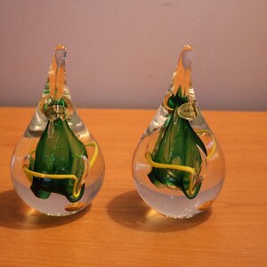 PAIR - Made in Poland Adam Jablonski Hand Blown Art Glass Bubbles Teardrop Paperweight Signed by Artist