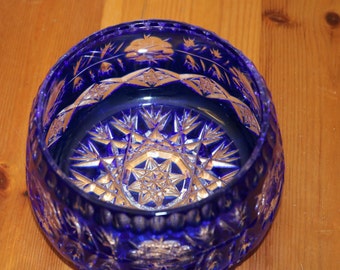 Vintage Czeh Bohemian Cobalt Blue Cut to Clear Led Crystal Glass Bowl