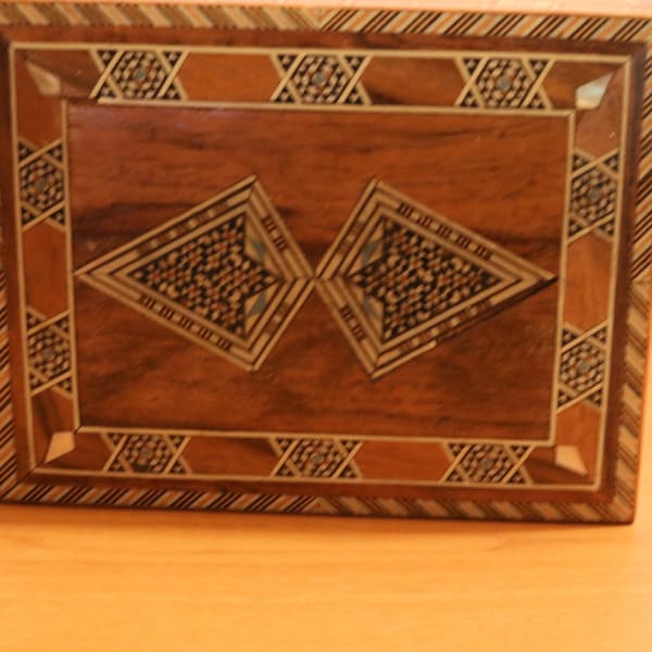 Vintage Inlay Mother of Pearl Wood Marquetry Box, Handmade Syrian Decorative Jewelry Dresser Box