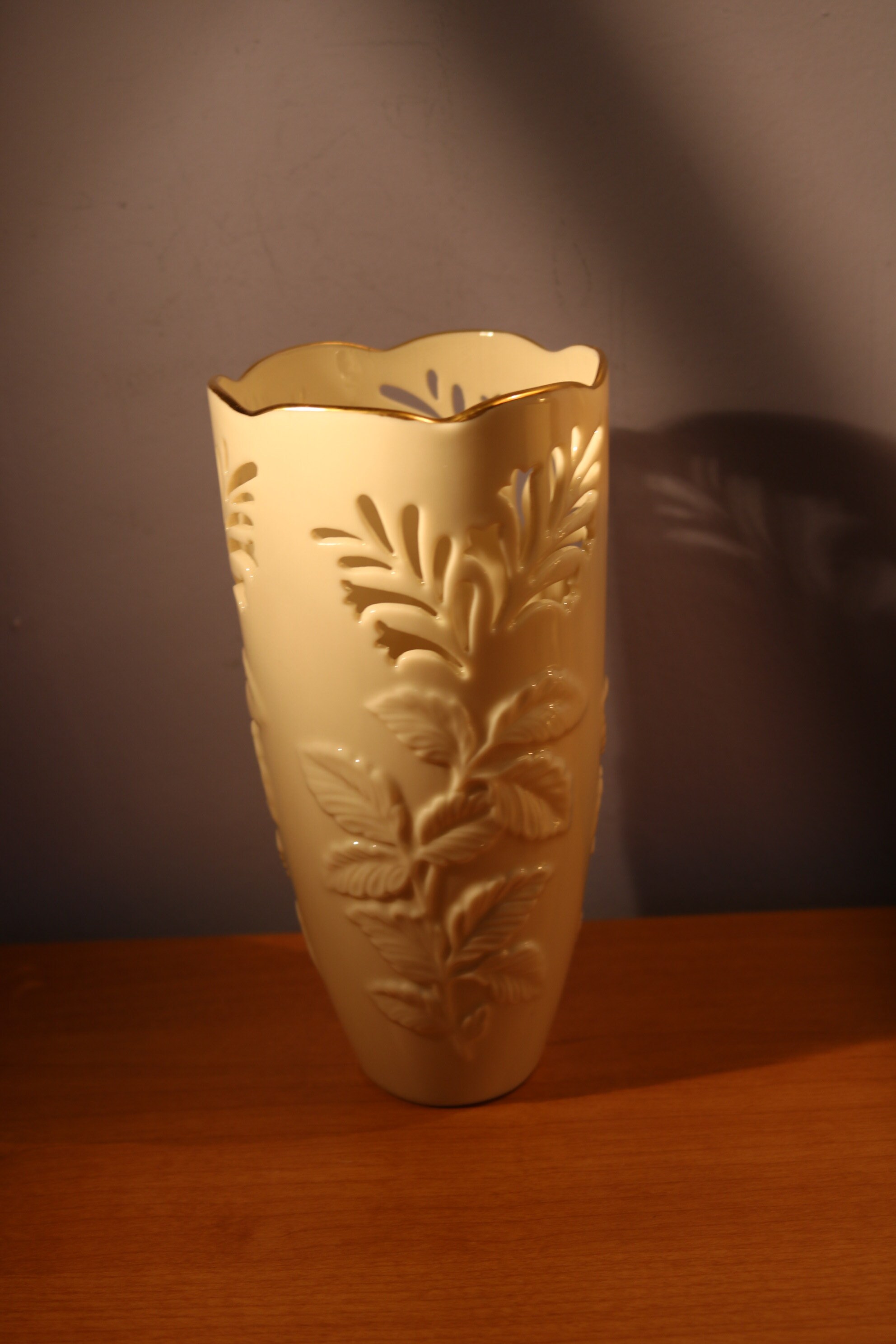 Lenox Westbury Vase 6 7/8" Embossed Leaf Pierced Cutout Ivory Made in the US USA Gold Trimming