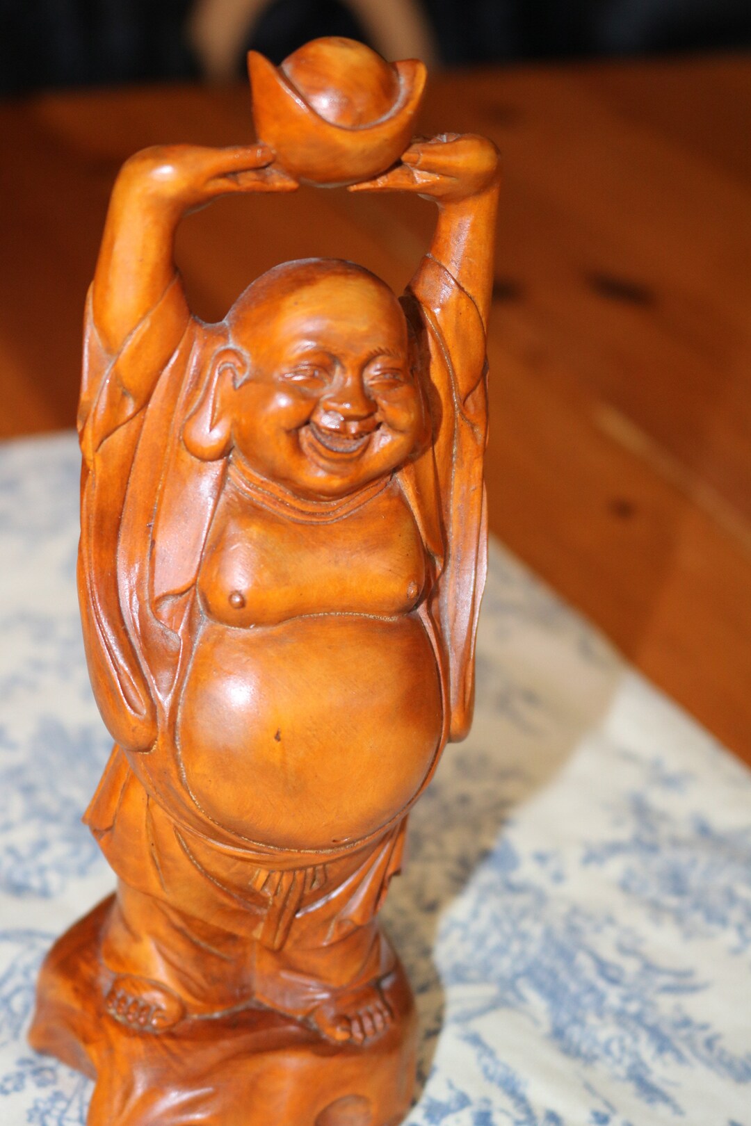 Maitreya Laughing Buddha Statue, Wooden Happy Buddha Statue 7.5 High