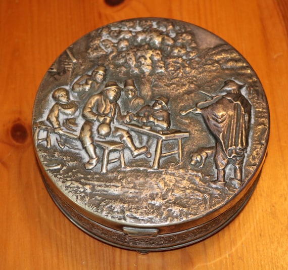 Vintage Dutch Zilpla 90 Silver Plated Relief Box Dutch Village Scenes Hinged Lid