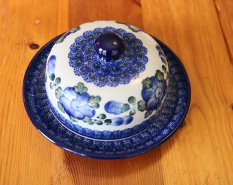 New with Labels - Polish Pottery Butter Dish 4" Ceramika Artystyczna Blue Poppies