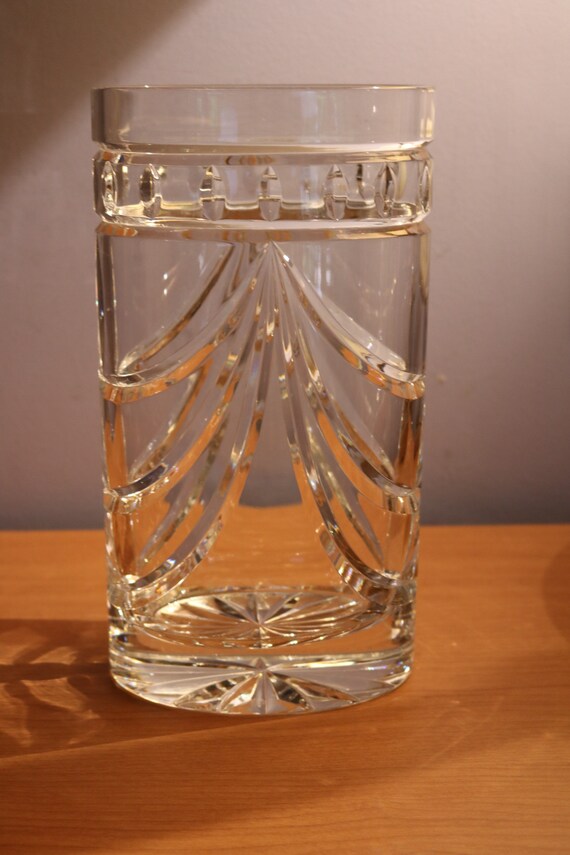 WATERFORD Crystal Vase Cut Crystal Vase 10" Discontinued, Tall Heavy Crystal Vase Oval Cylinder Swags Signed Old Mark Waterford Overture