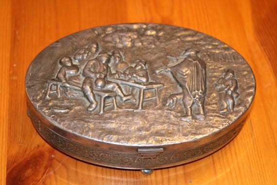 Vintage Dutch Zilpla 90 Silver Plated Relief Box Dutch Village Scenes Hinged Lid