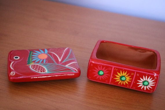 Hand Painted Ceramic Mexico Clay Jewelry Box Mexi… - image 4