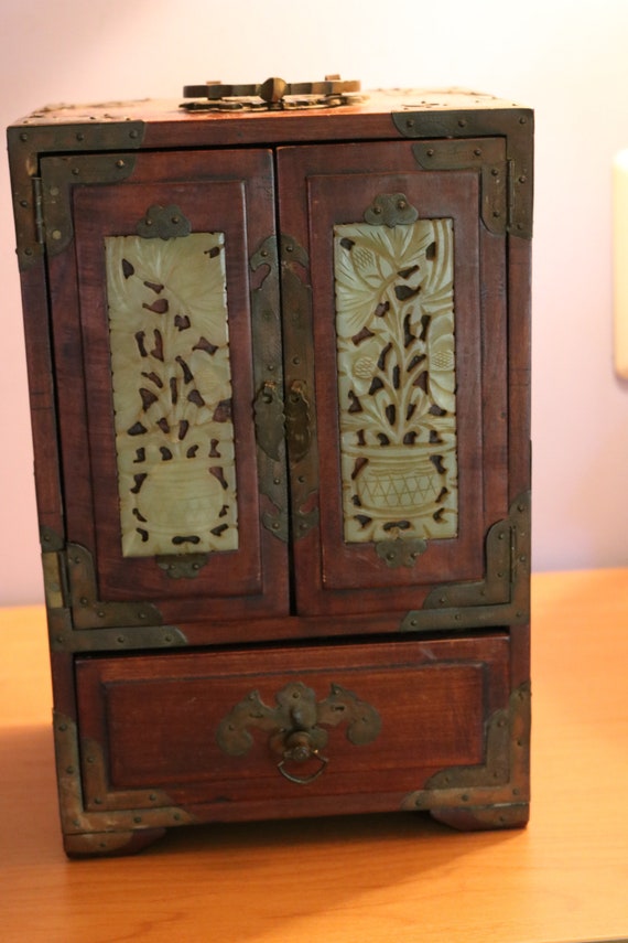 Chinese Rosewood Brass and Jade Jewelry Chest/Box