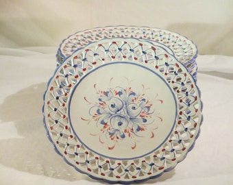Vintage Pierced Rim Made in Portugal White/Blue/Red Floral Plate 9&quot; RCCL Porcelain Decorative Plate