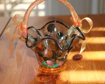 MacKenzie Childs Maxines Circus Collection Hand Painted Glass Basket With Roses w/Ribbon