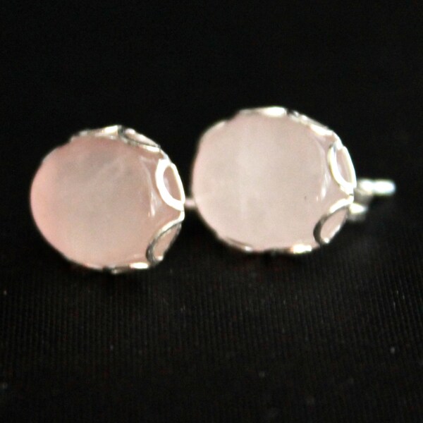 Sterling silver post earrings,pink rose quartz stud earrings,silver stud, scallop bezel gemstone stud,wedding jewelry holiday gift SE4