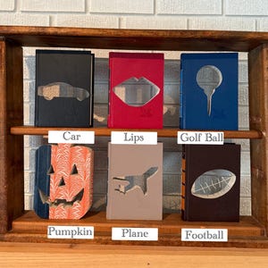 May include: A wooden shelf displays six books with cut-out designs. The books are in various colors, including black, red, blue, and brown. The cut-out shapes include a car, lips, a golf ball, a pumpkin, a plane, and a football.