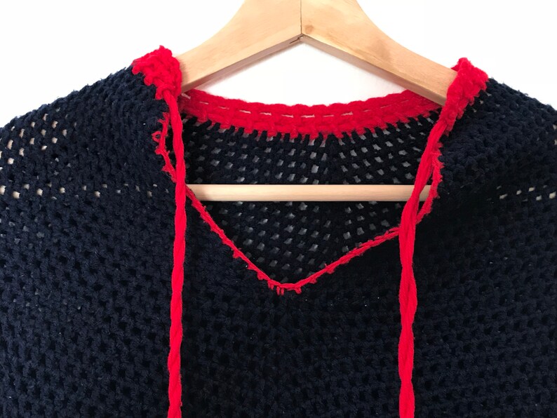 Vintage Blue and Red Crochet Knitted Poncho Shawl with Drawstring Free Size from Portugal